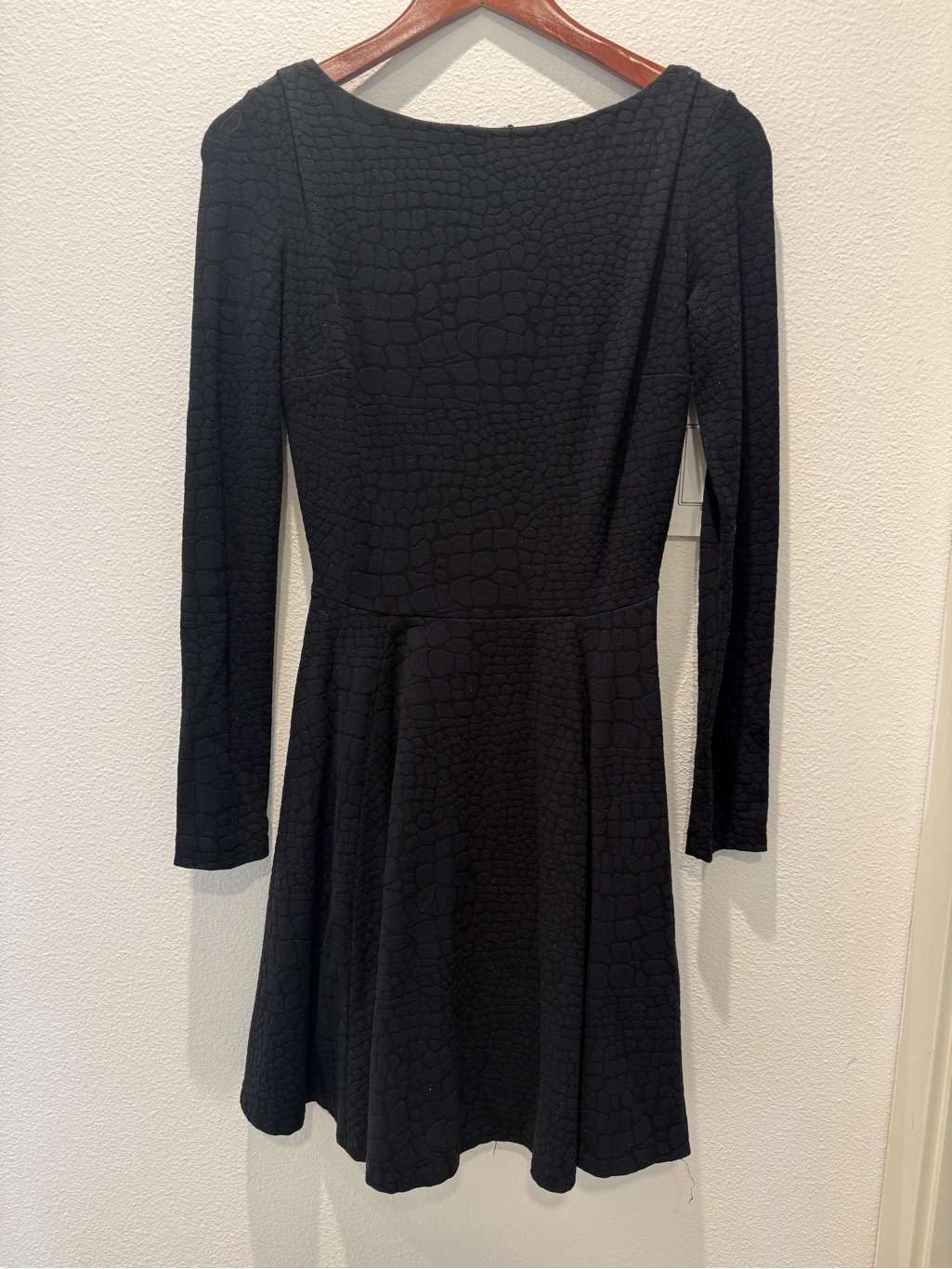 Women's Black Textured Long-Sleeve Fit-And-Flare Dress